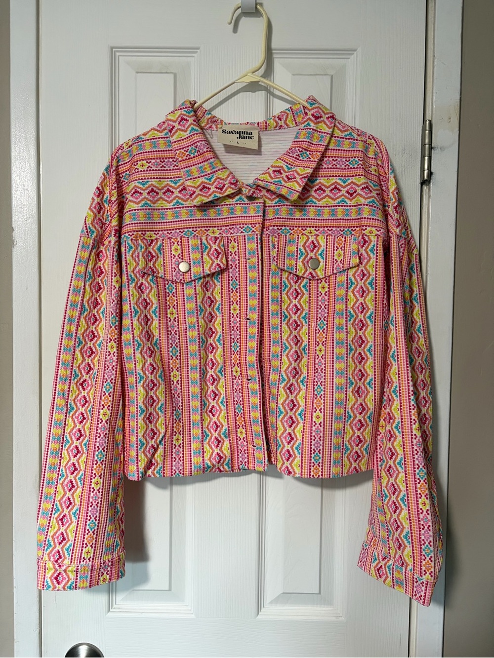 Savanna Jane Pink Multicolor Patterned Jean Jacket